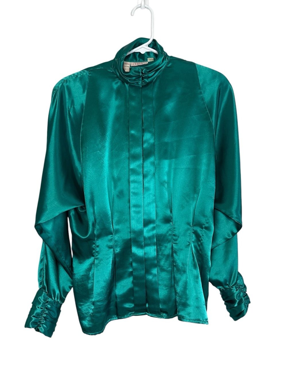 Vintage Tess Paris Milano Green Satin Button Front Blouse Size 8
